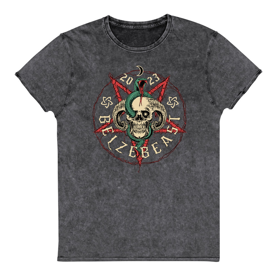 Belzebeast Pentagram - Halloween Skull with Snake Unisex Denim T-Shirt