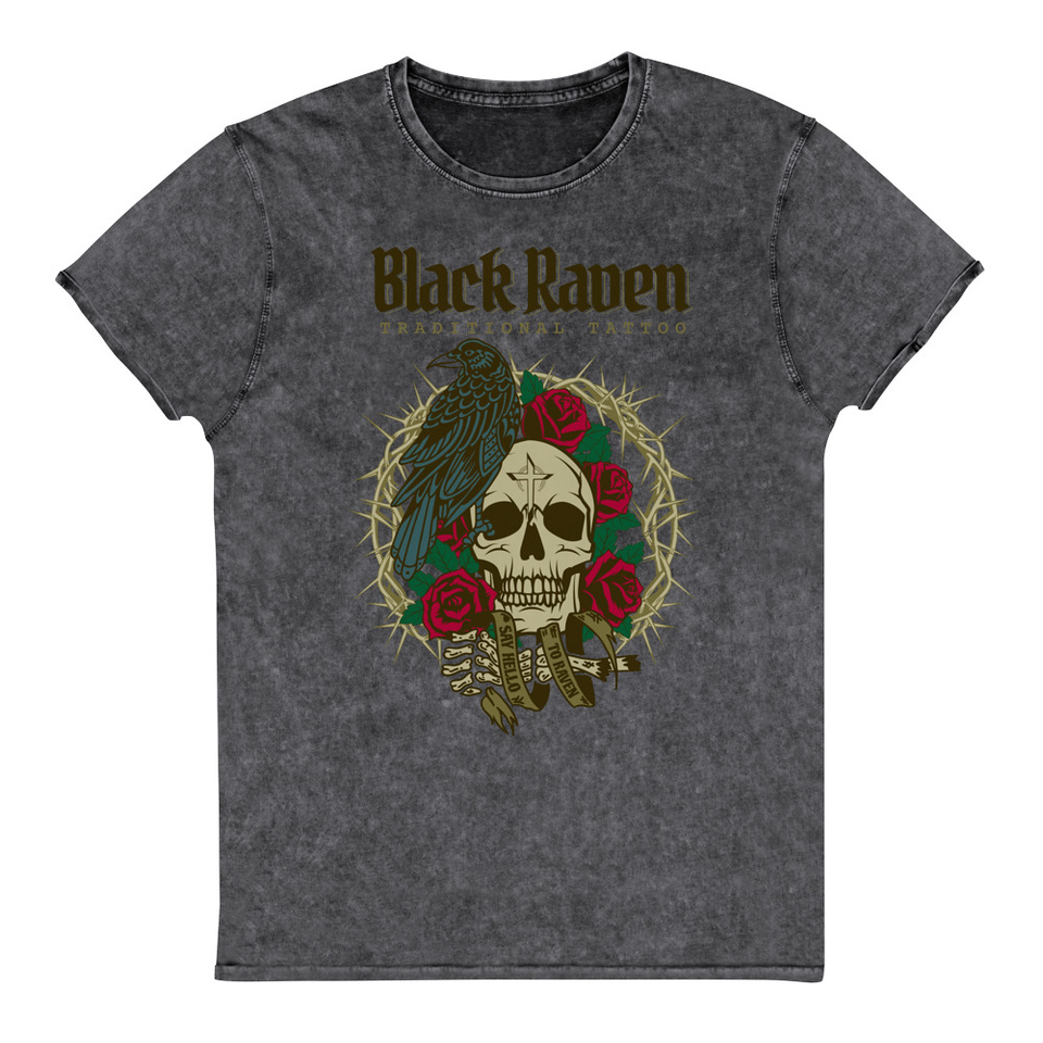 Black Raven Tattoo - Skull & Thorns Unisex Denim T-Shirt