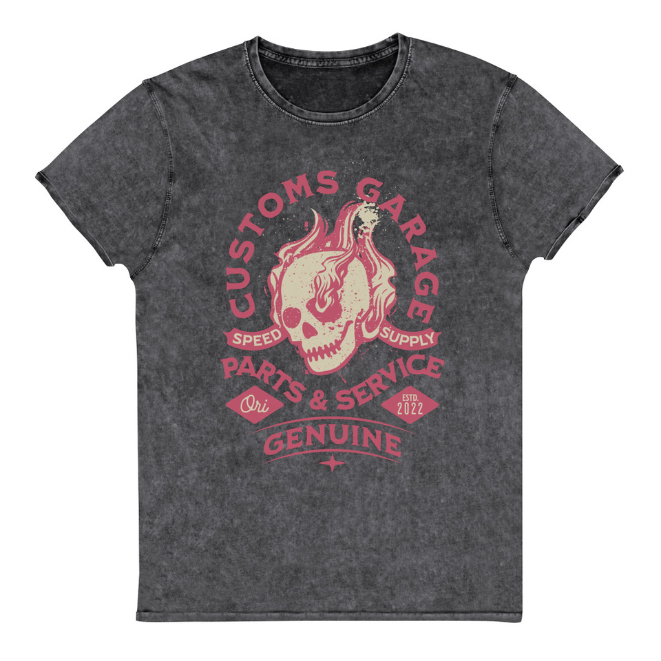 Customs Garage - Flaming Skull Unisex Denim T-Shirt