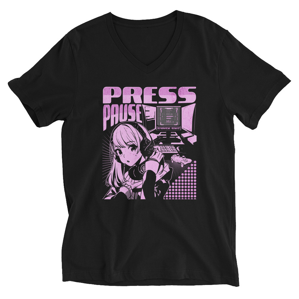 'Press Pause' Anime Gaming Unisex V-Neck Tee