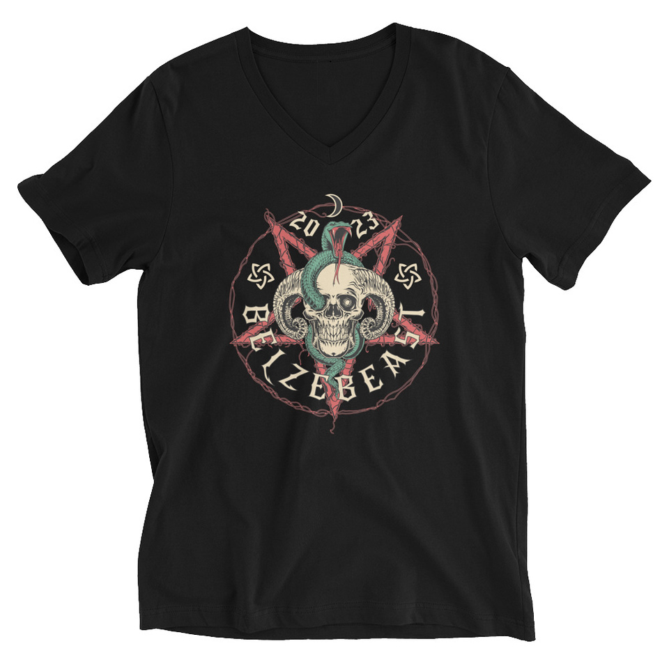 Belzebeast Pentagram - Halloween Skull with Snake Unisex V-Neck Tee