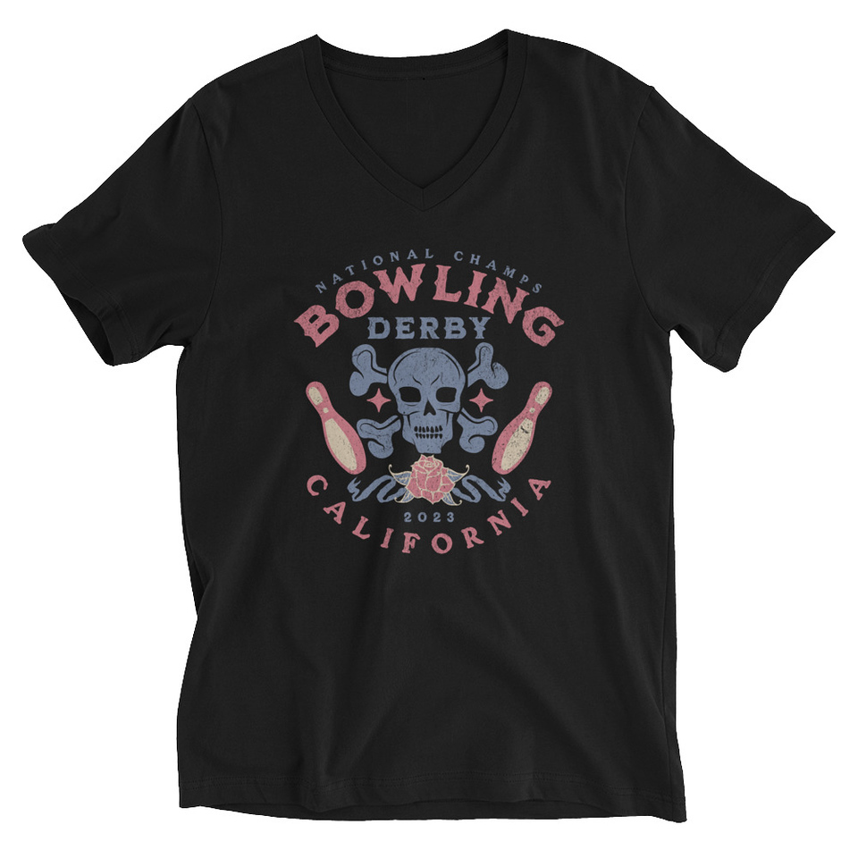 Bowling Derby Champs - Grunge Skull Unisex V-Neck Tee