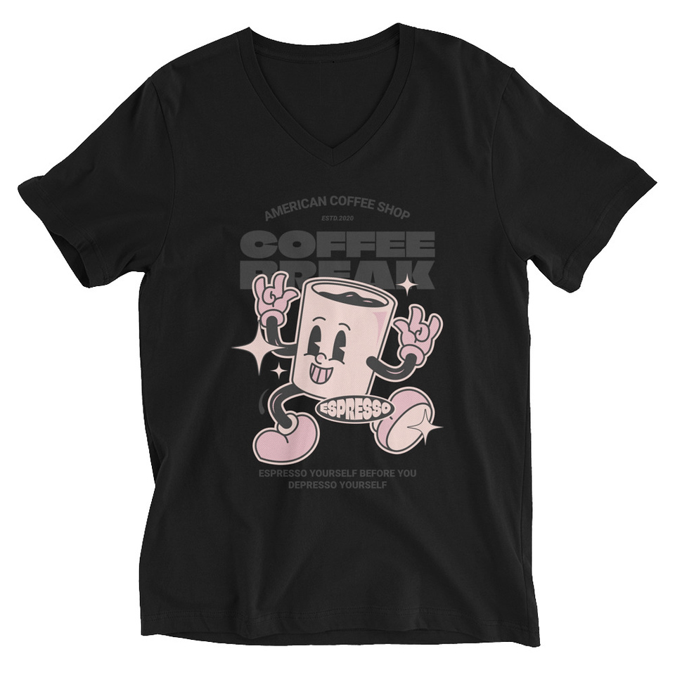 Coffee Break Mascot Unisex V-Neck Tee