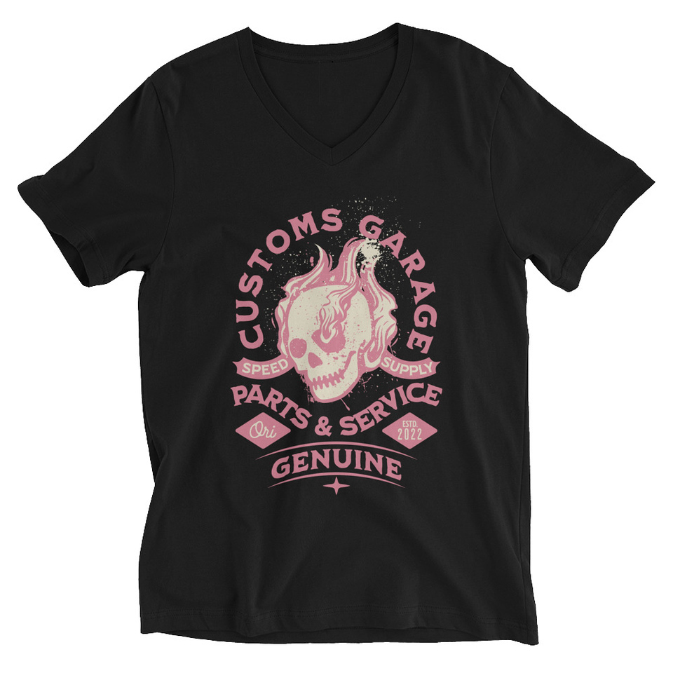 Customs Garage - Flaming Skull Unisex V-Neck Tee