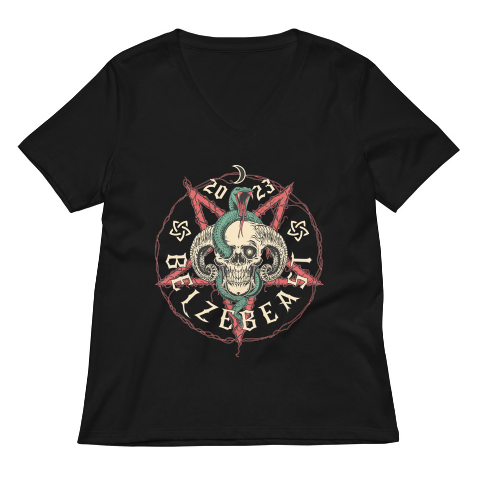 Belzebeast Pentagram - Halloween Skull with Snake Women's Relaxed V-Neck T-Shirt