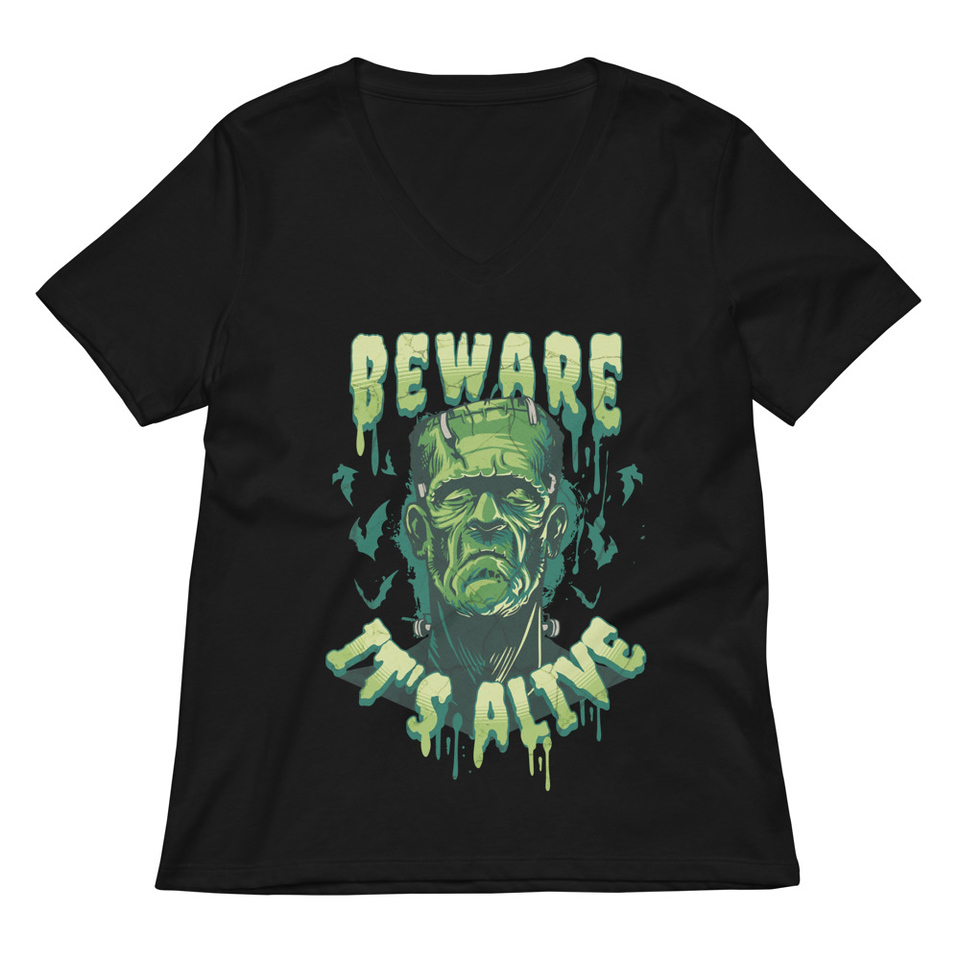 Beware of Frankenstein - Scary Halloween Women's Relaxed V-Neck T-Shirt