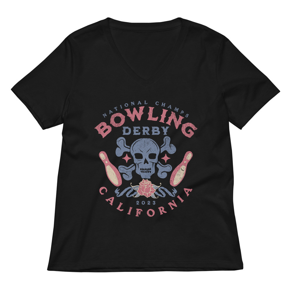 Bowling Derby Champs - Grunge Skull Women's Relaxed V-Neck T-Shirt