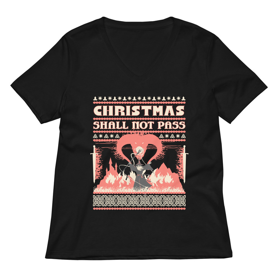 Christmas Shall Not Pass - Flaming Wizard Women's Relaxed V-Neck T-Shirt