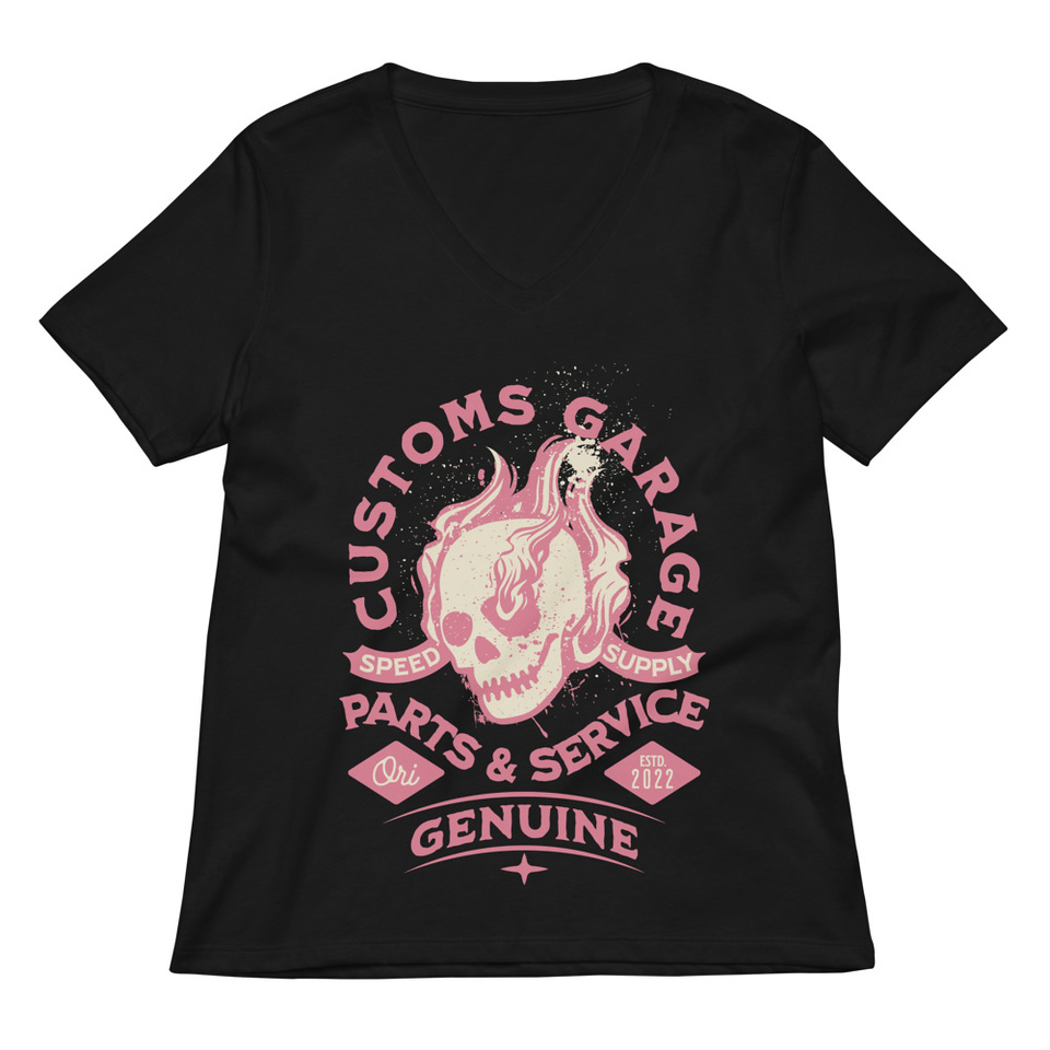 Customs Garage - Flaming Skull Women's Relaxed V-Neck T-Shirt