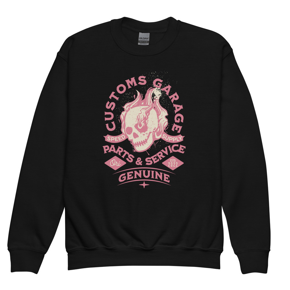 Customs Garage - Flaming Skull Youth Crew Neck Sweatshirt