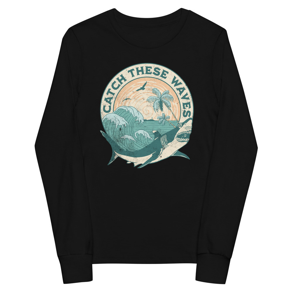 Catch These Waves Shark  Youth Long Sleeve Tee
