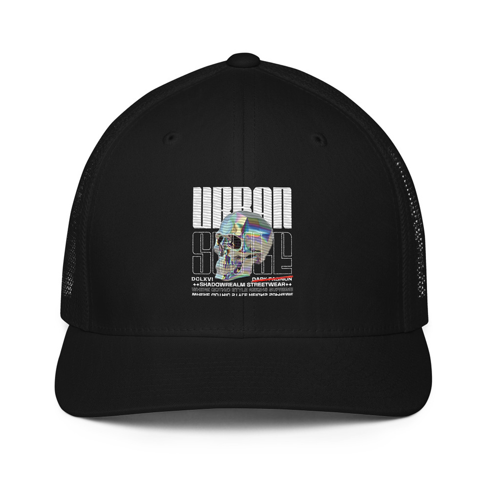 Black 3D Skull Closed-Back Trucker Cap