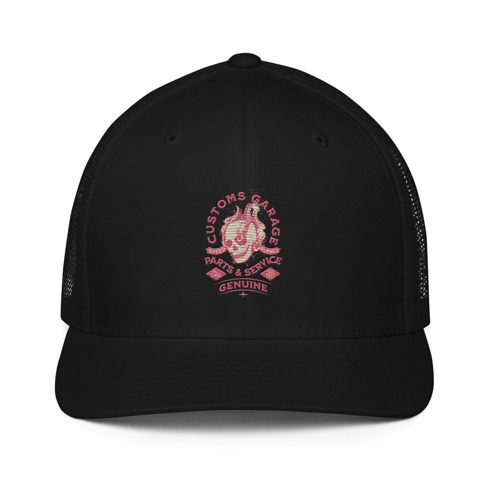 Customs Garage - Flaming Skull Closed-Back Trucker Cap