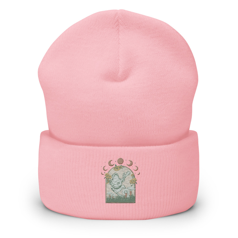 Cottagecore Frog Botanical Cuffed Beanie