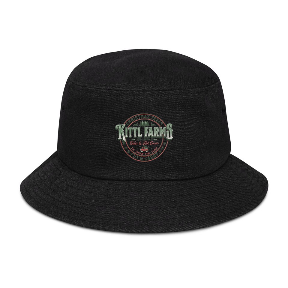 Christmas Tree Farm - Vintage Holiday Badge Denim Bucket Hat