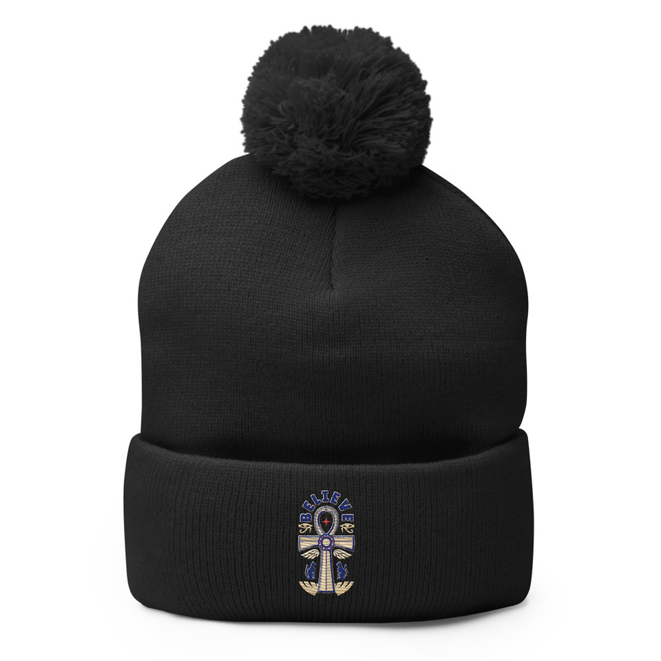 Believe  - Faith Symbol Pom-Pom Knit Cap