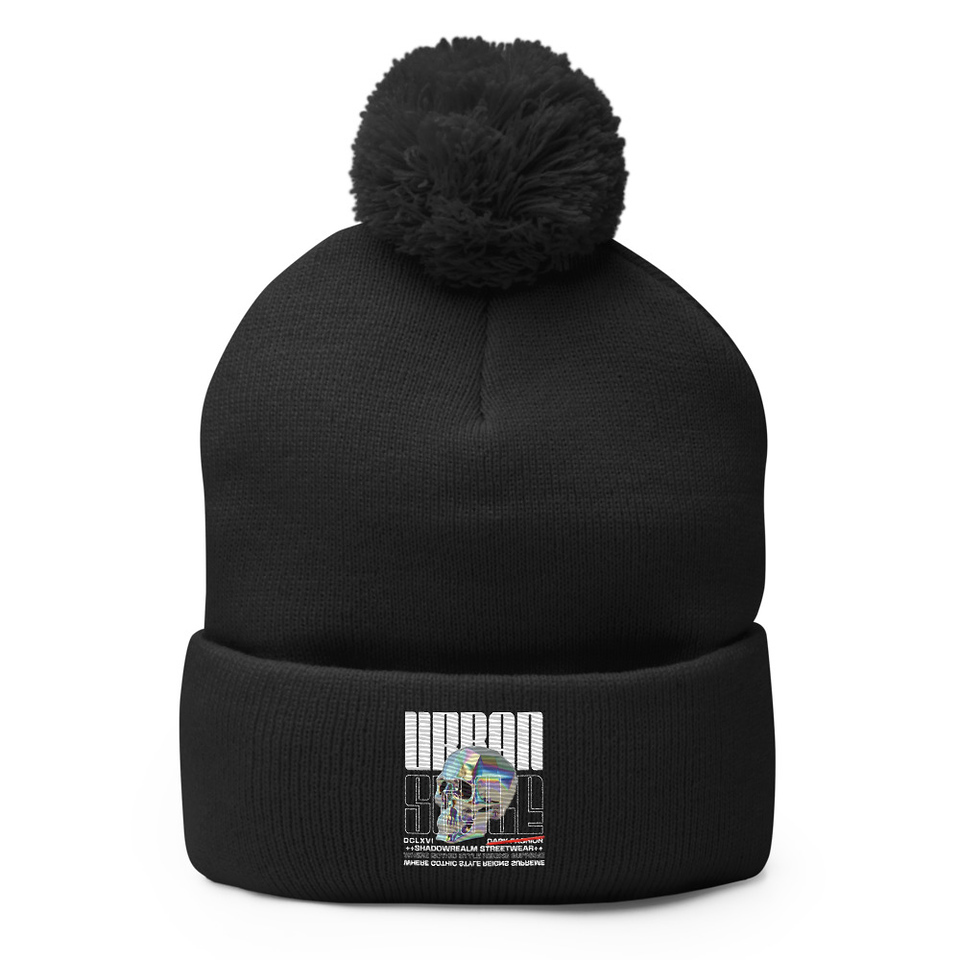 Black 3D Skull Pom-Pom Knit Cap