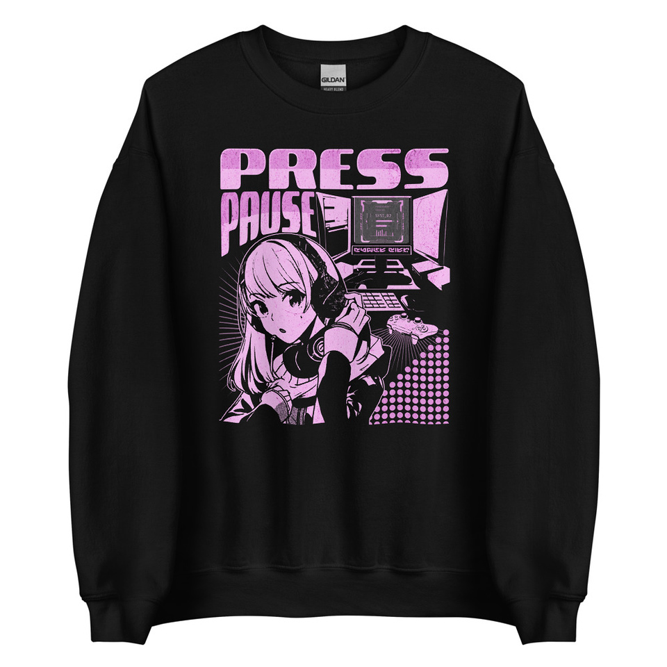 'Press Pause' Anime Gaming Unisex Crew Neck Sweatshirt