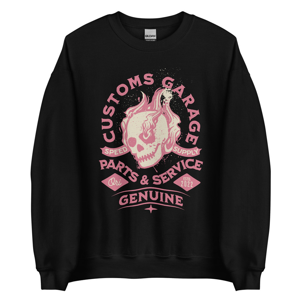Customs Garage - Flaming Skull Unisex Crew Neck Sweatshirt