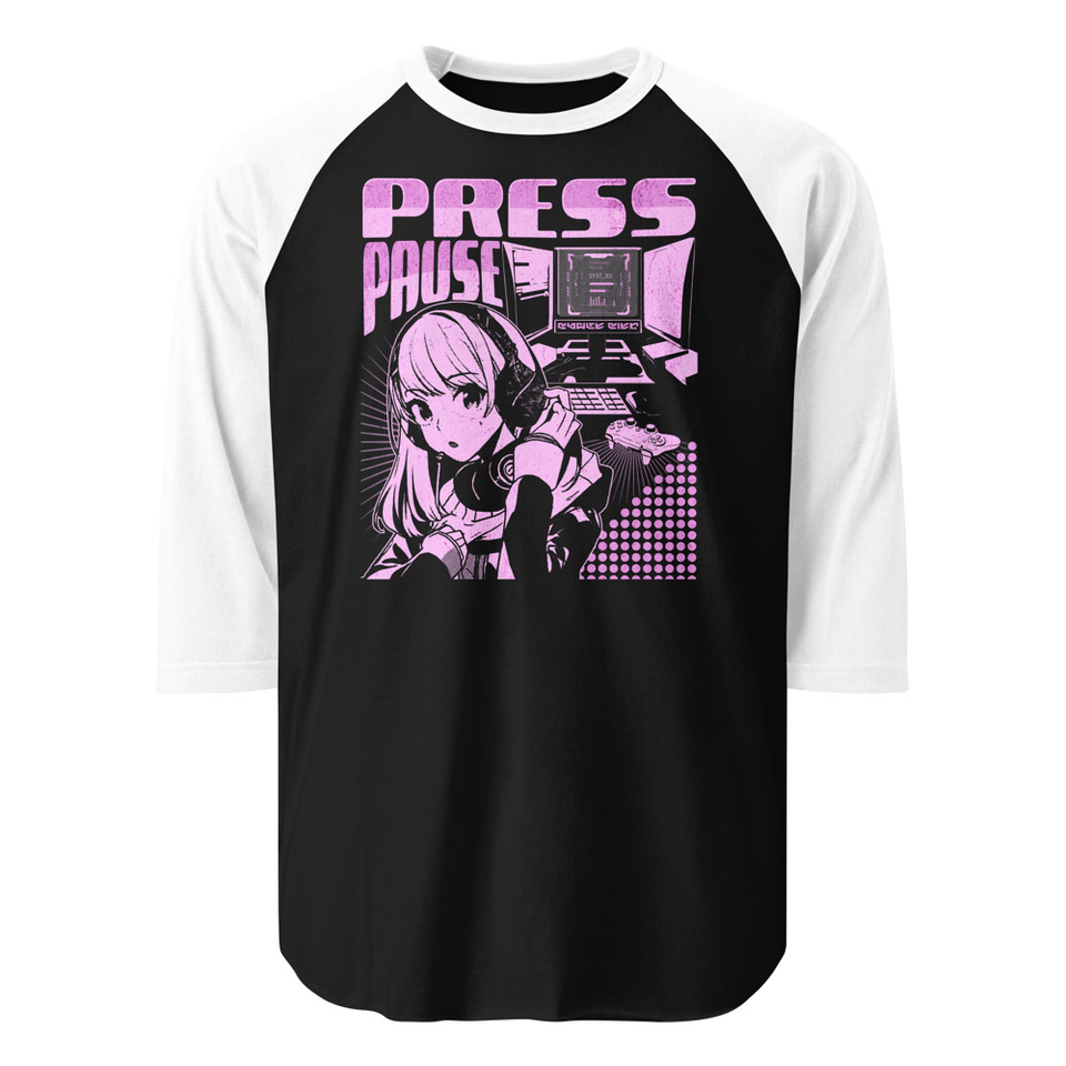 'Press Pause' Anime Gaming Unisex 3/4 Sleeve Raglan Shirt