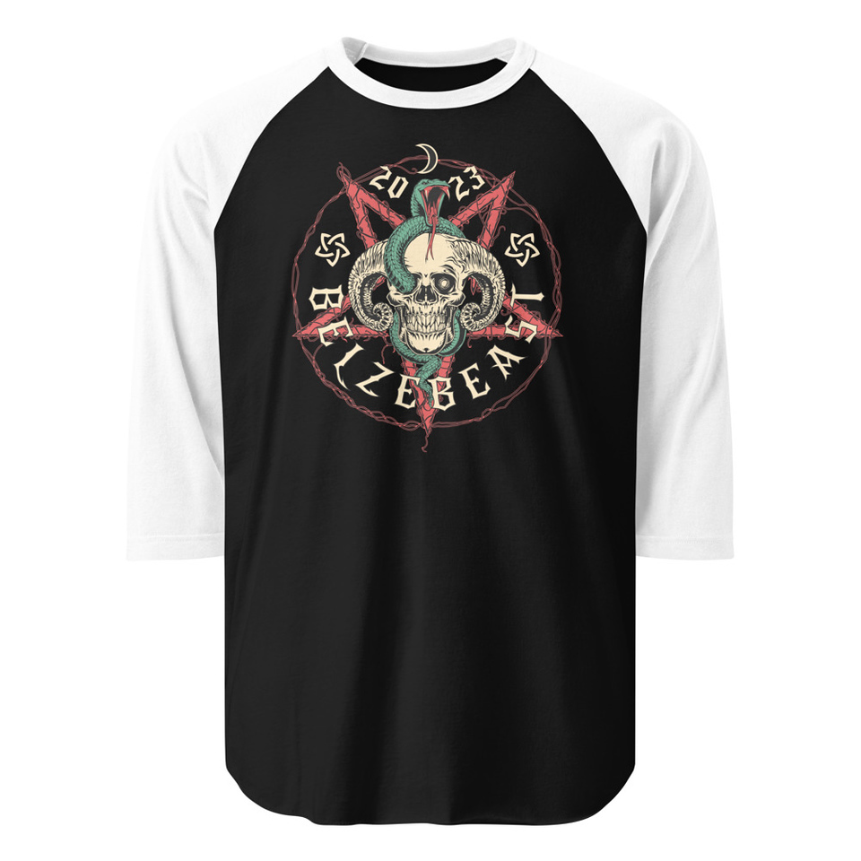 Belzebeast Pentagram - Halloween Skull with Snake Unisex 3/4 Sleeve Raglan Shirt