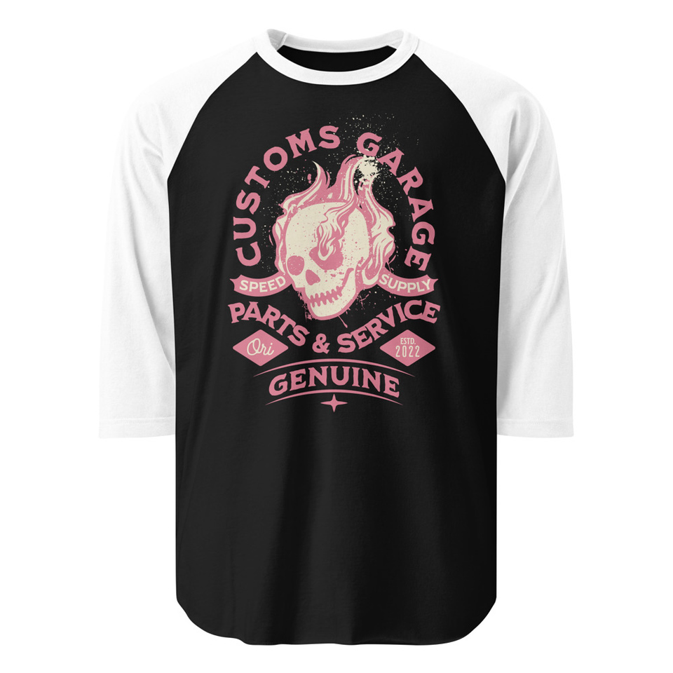 Customs Garage - Flaming Skull Unisex 3/4 Sleeve Raglan Shirt