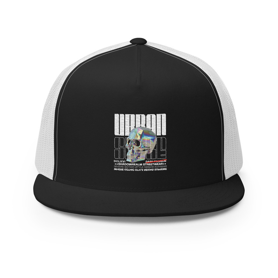 Black 3D Skull 5 Panel Trucker Cap