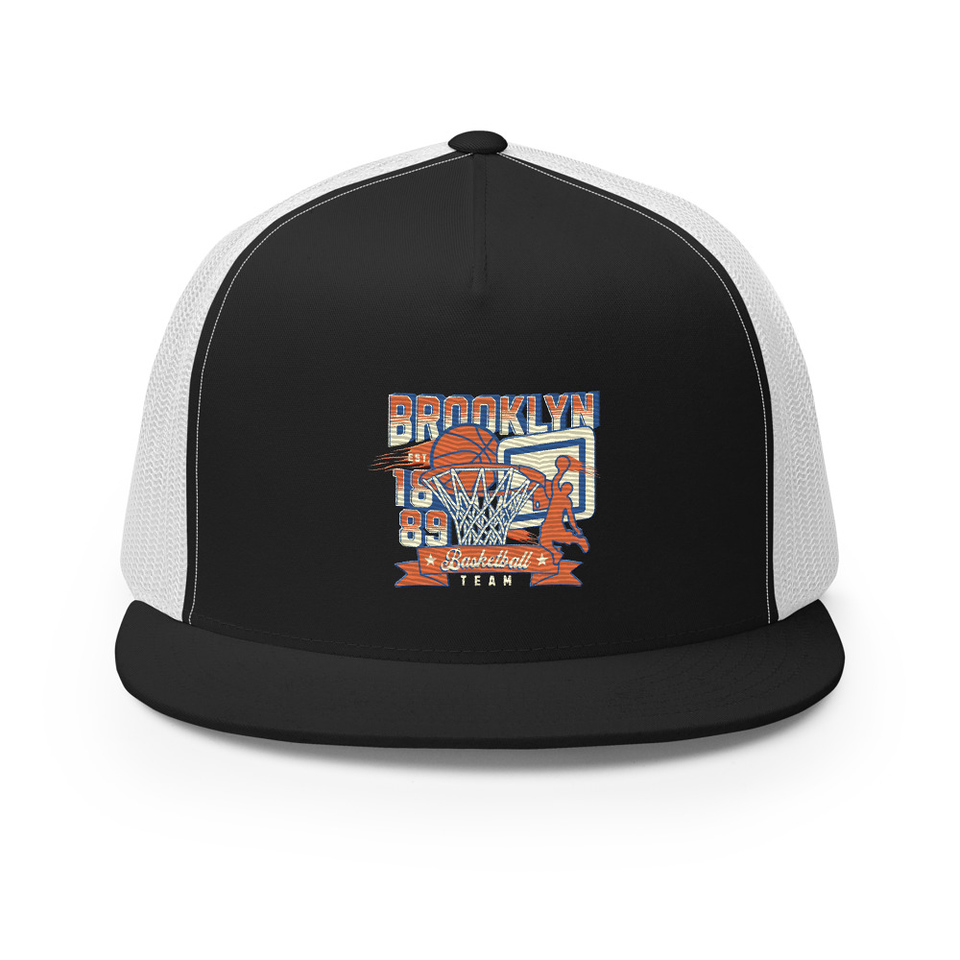Brooklyn Basketball Team - Athletic Sports 5 Panel Trucker Cap
