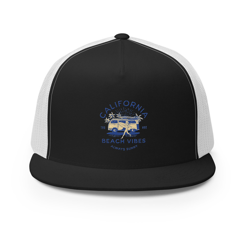 California Beach Vibes - Retro Camper Van 5 Panel Trucker Cap