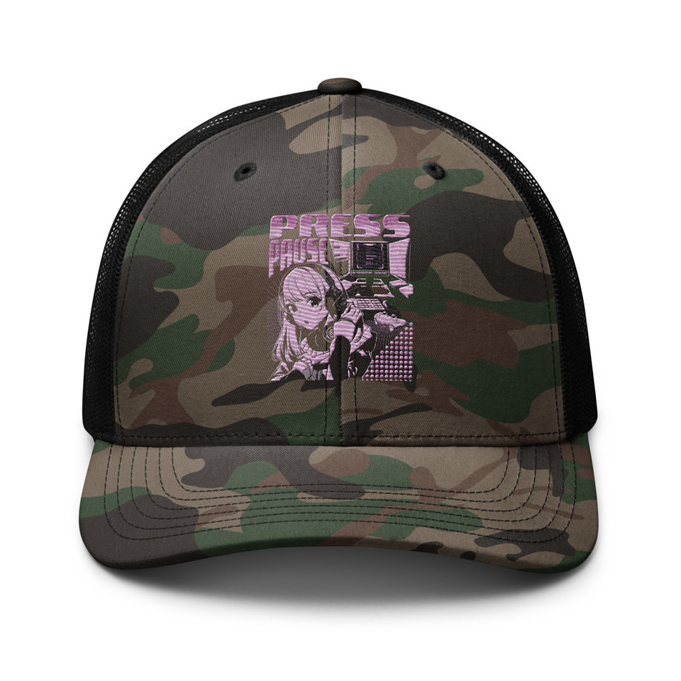 'Press Pause' Anime Gaming Camouflage Trucker Hat