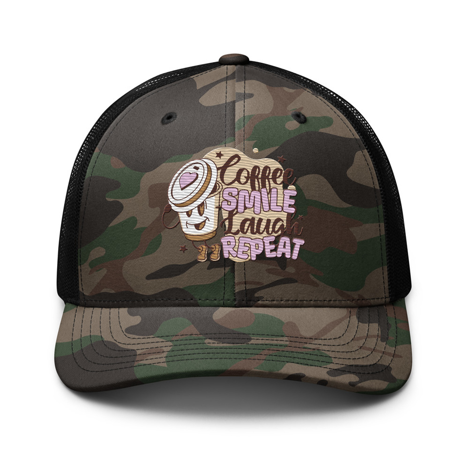 Coffee is Happiness - Retro Cartoon Mascot Camouflage Trucker Hat