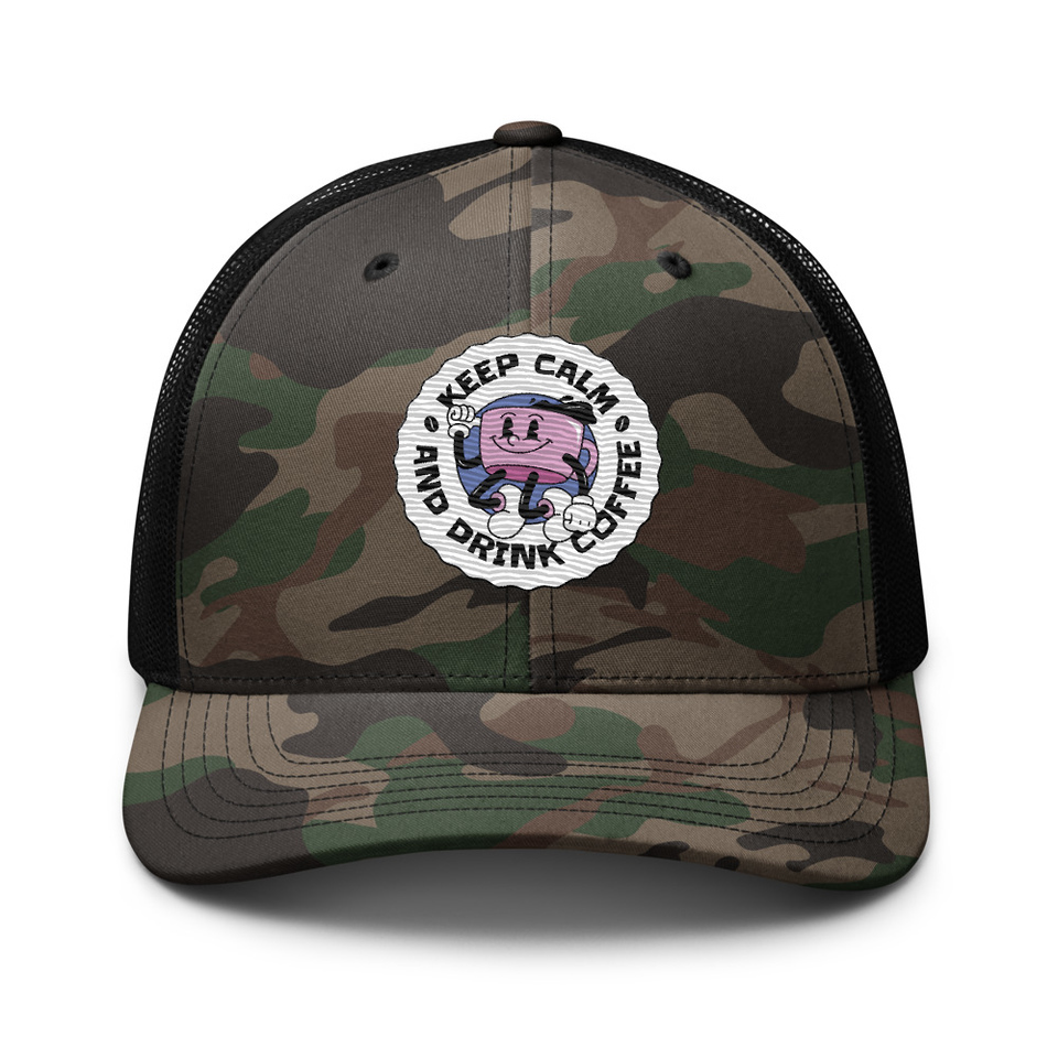 Colorful Fun Retro Style Coffee Quote Camouflage Trucker Hat