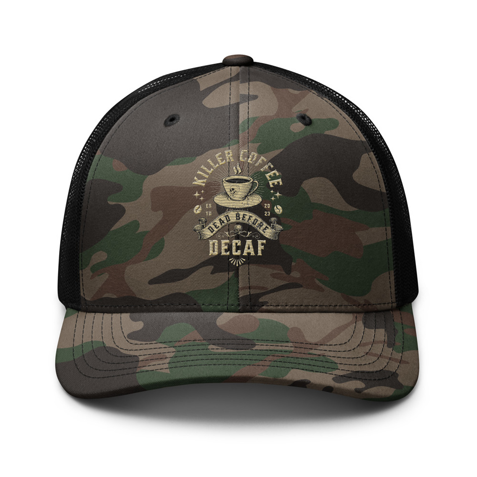 DEAD BEFORE DECAF Camouflage Trucker Hat