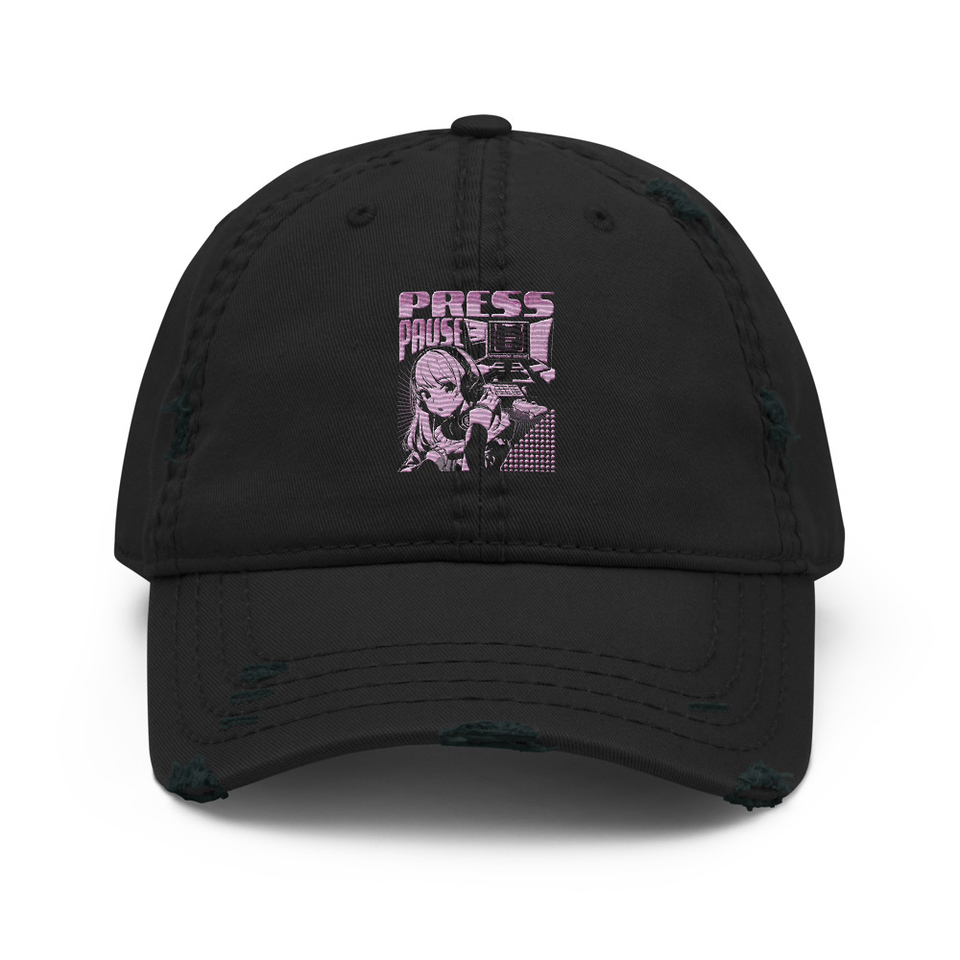 'Press Pause' Anime Gaming Distressed Dad Hat