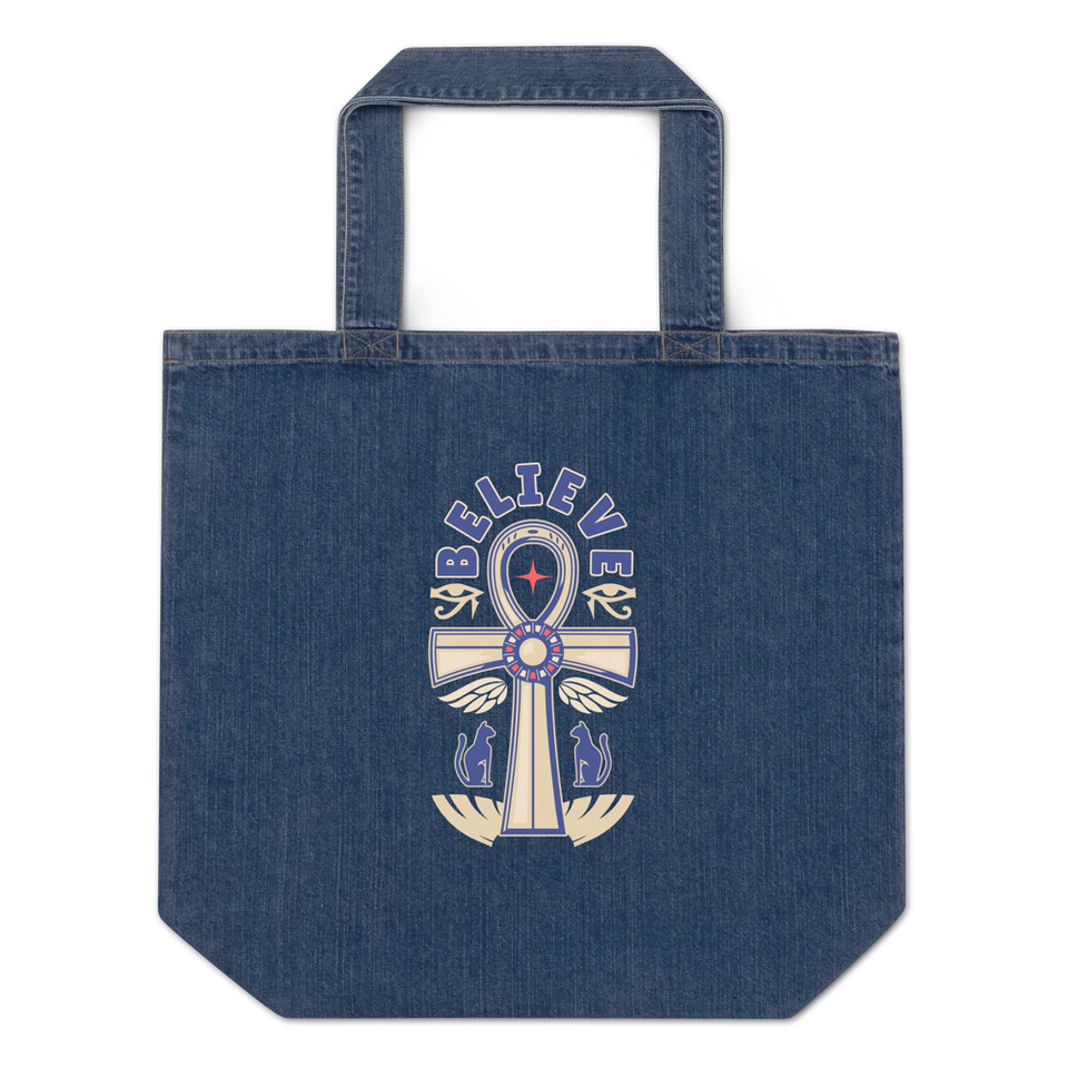 Believe  - Faith Symbol Organic Denim Tote Bag
