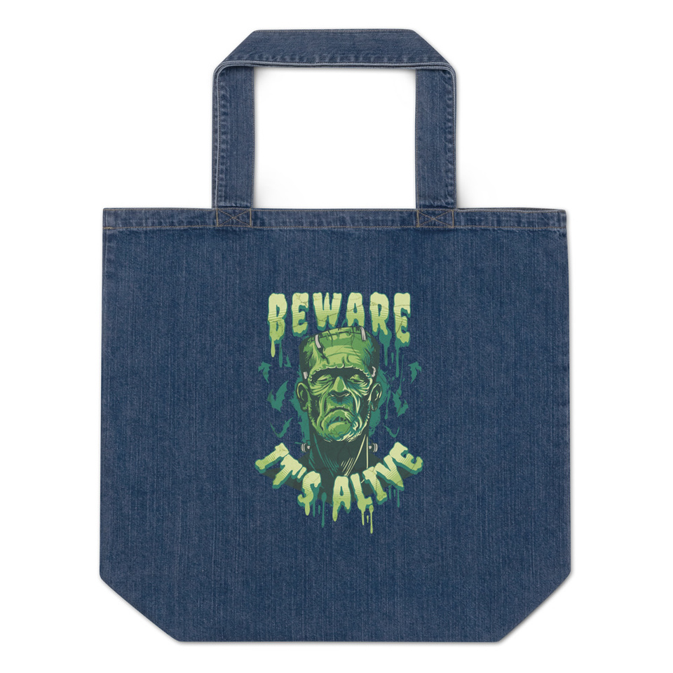 Beware of Frankenstein - Scary Halloween Organic Denim Tote Bag