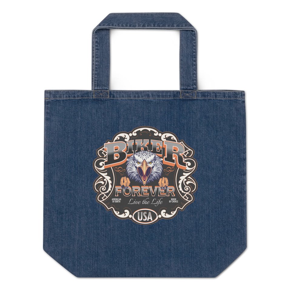 biker forever Organic Denim Tote Bag