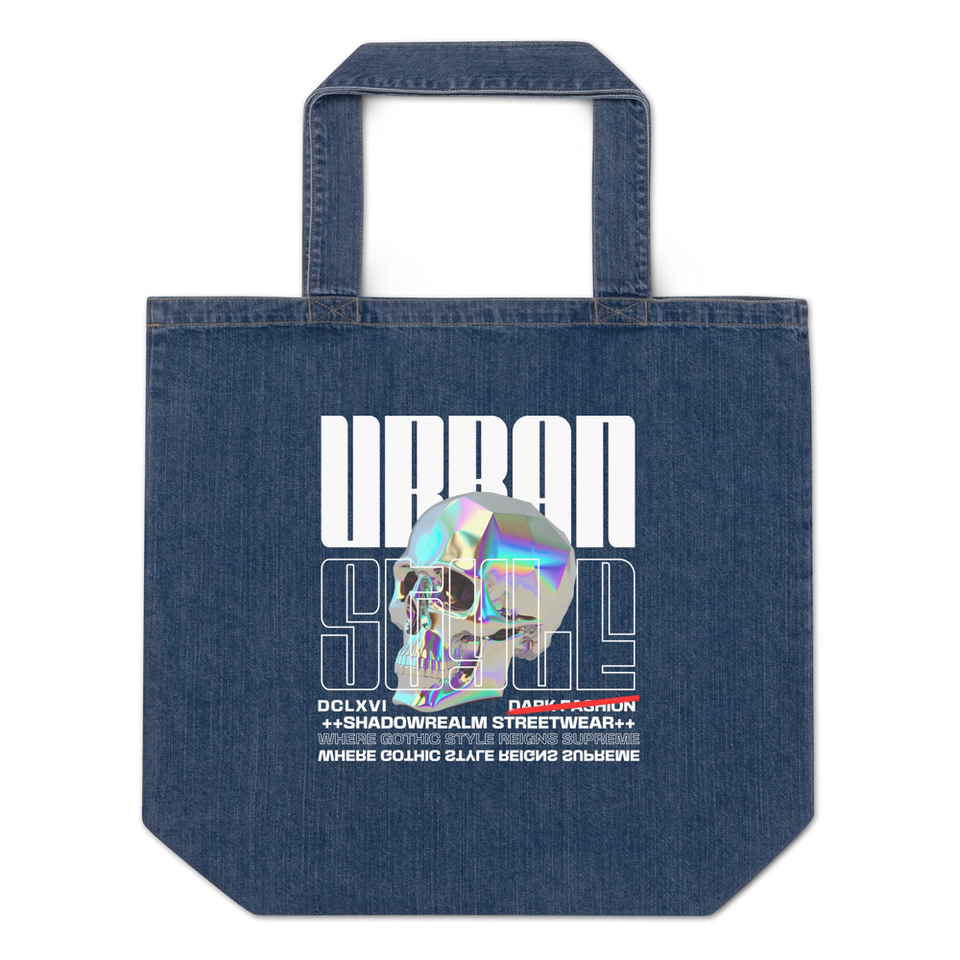 Black 3D Skull Organic Denim Tote Bag
