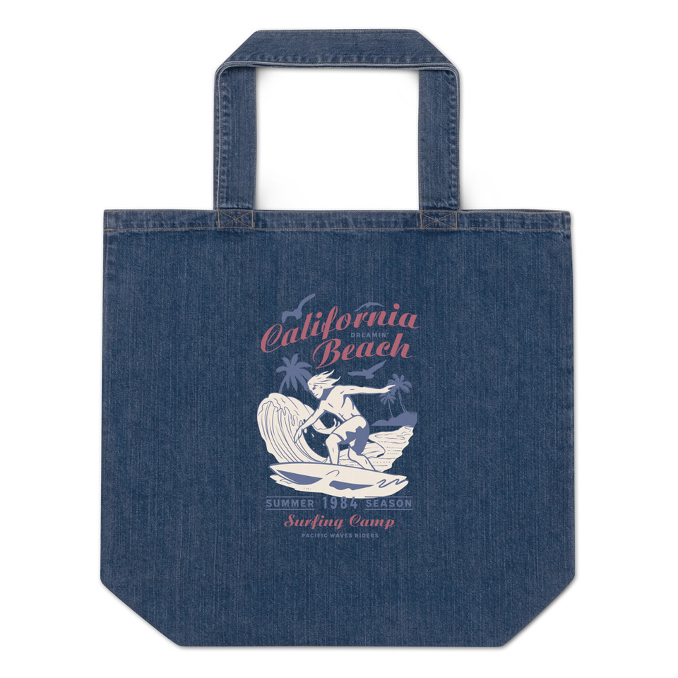 California Beach Surfing Organic Denim Tote Bag