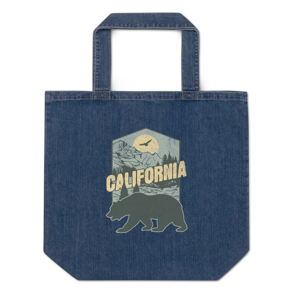 California Bear - Outdoors Wilderness Camping Hiking Organic Denim Tote Bag