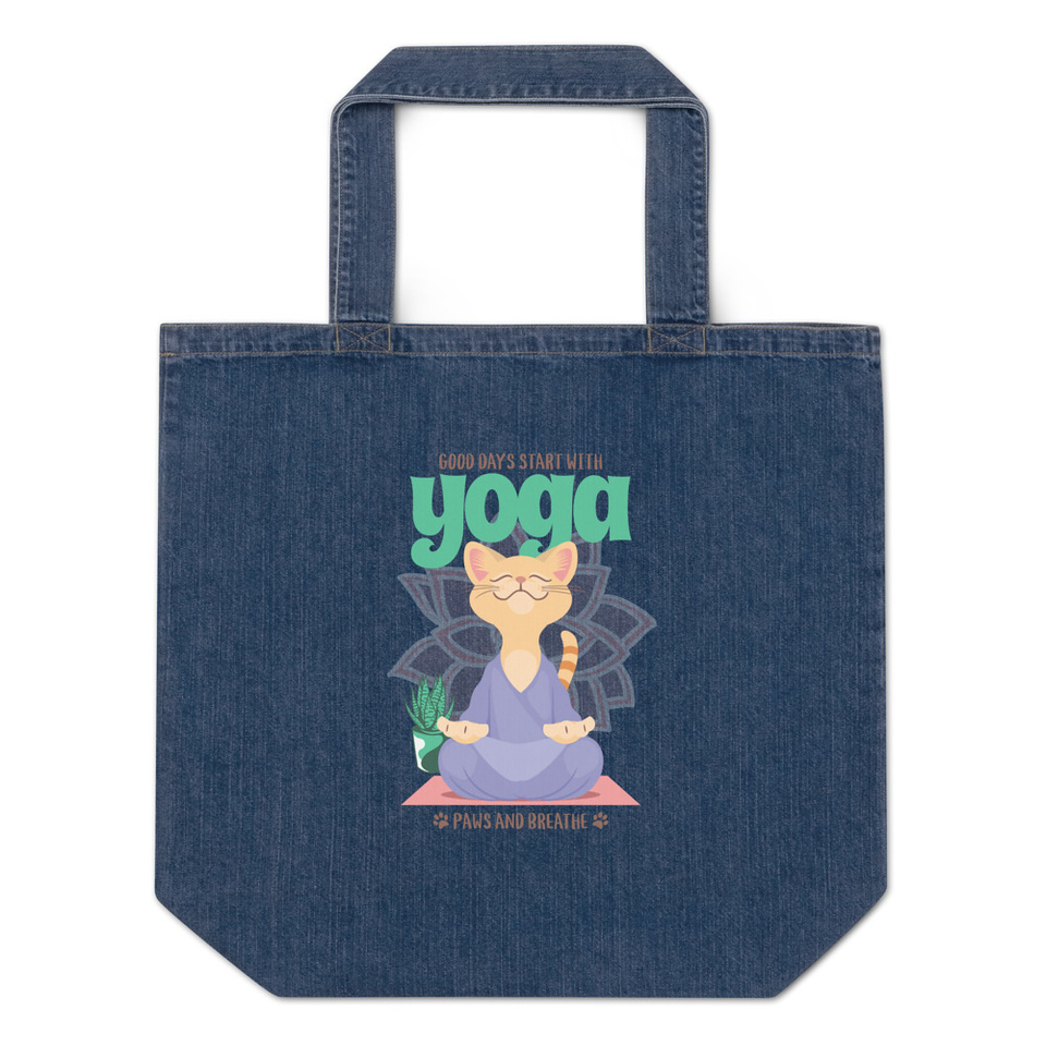 Cat Yoga - Cute Meditation Organic Denim Tote Bag