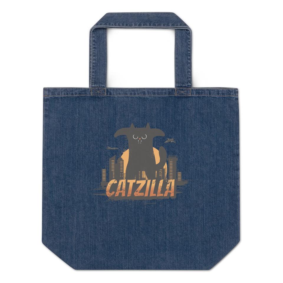 Catzilla - Funny Comic Animal Organic Denim Tote Bag