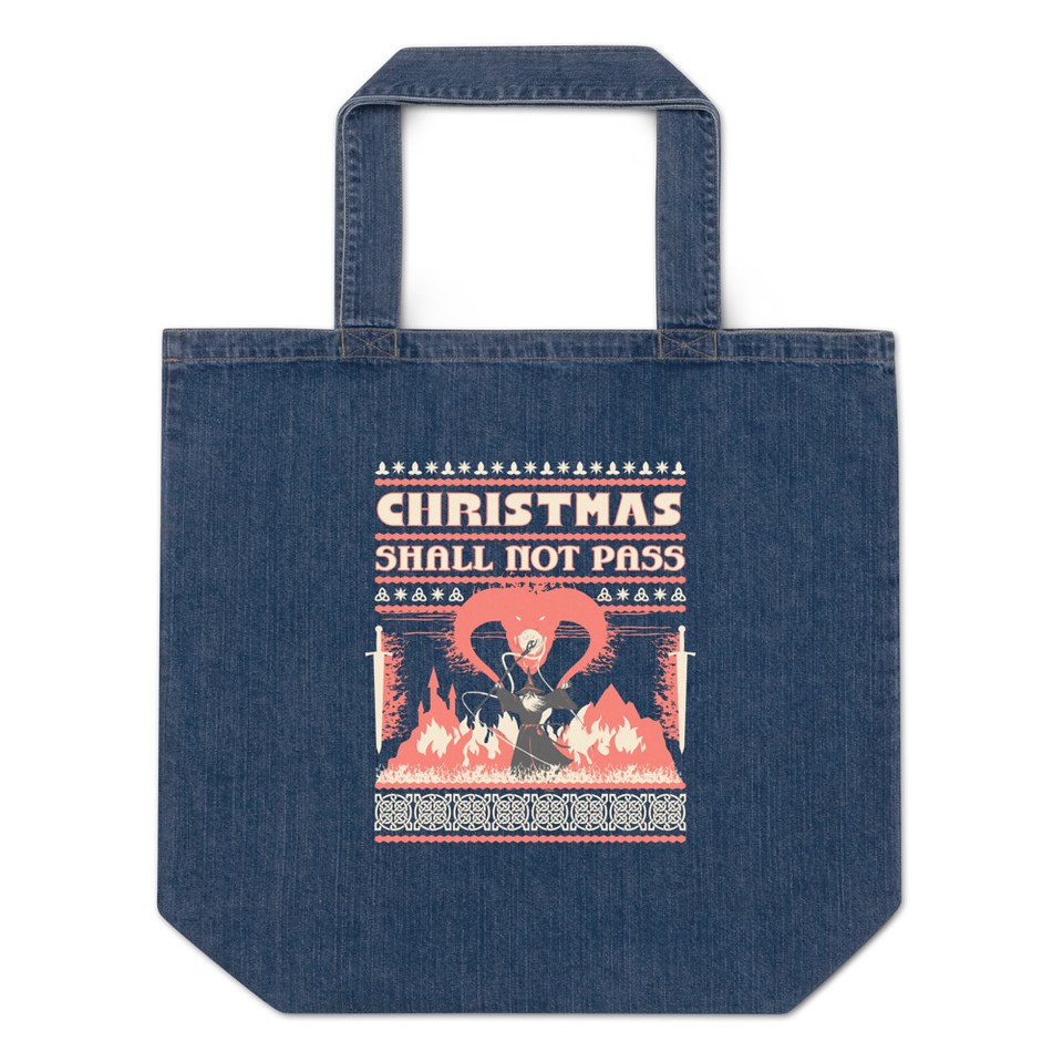 Christmas Shall Not Pass - Flaming Wizard Organic Denim Tote Bag