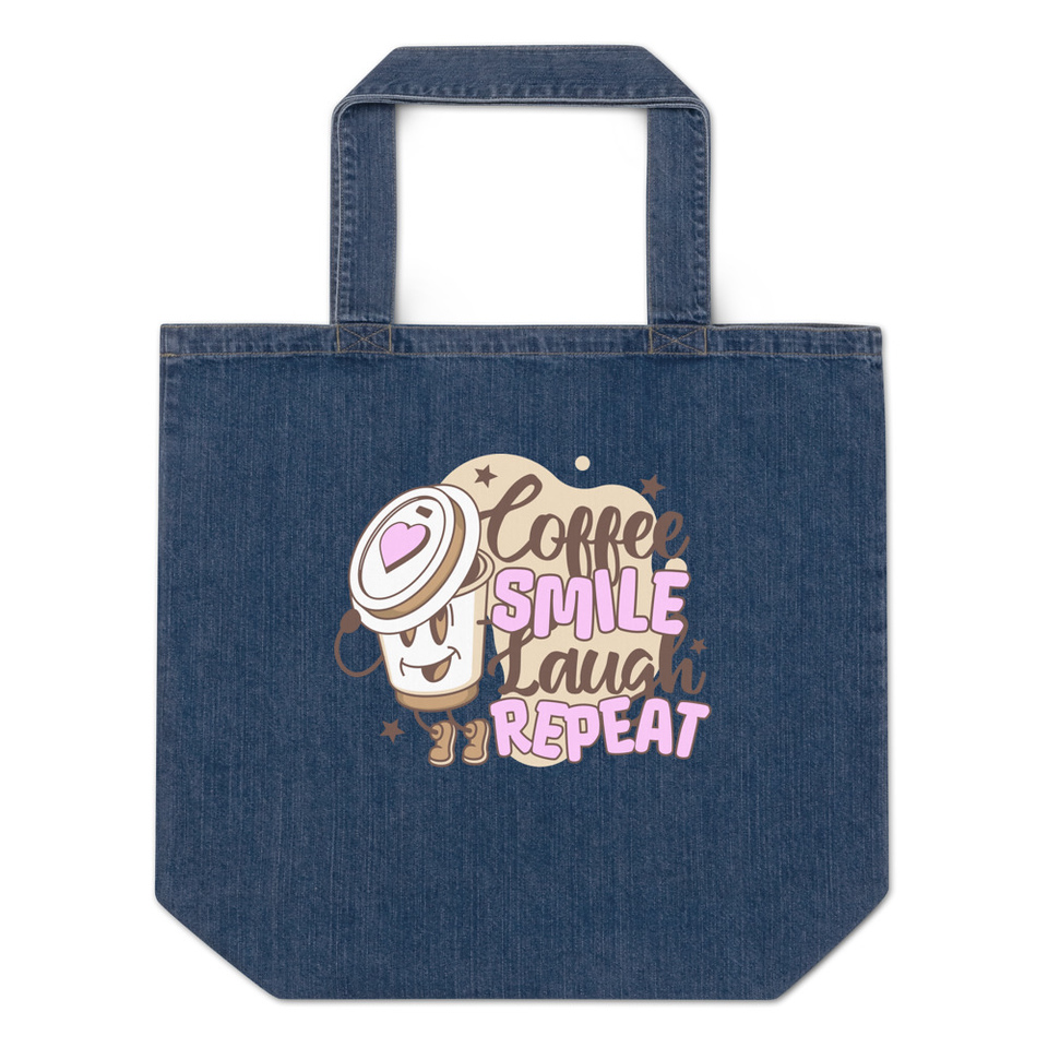 Coffee is Happiness - Retro Cartoon Mascot Organic Denim Tote Bag