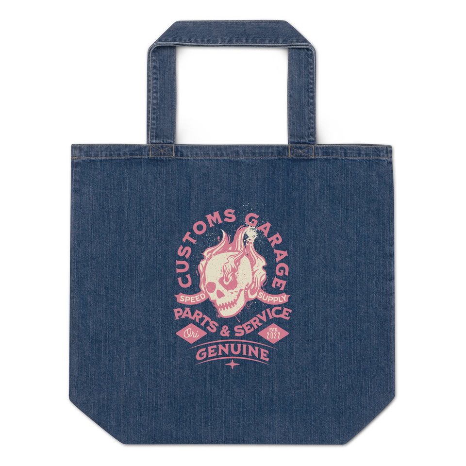 Customs Garage - Flaming Skull Organic Denim Tote Bag
