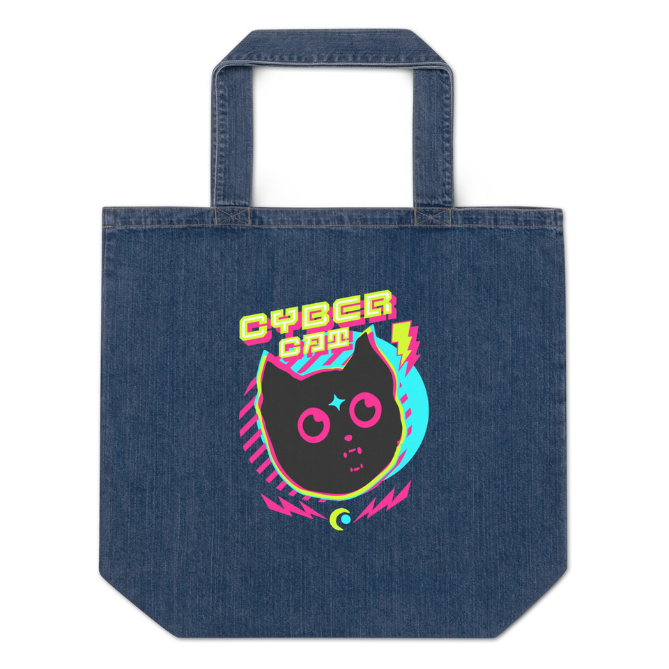 Cyber Cat - Neon Color Organic Denim Tote Bag