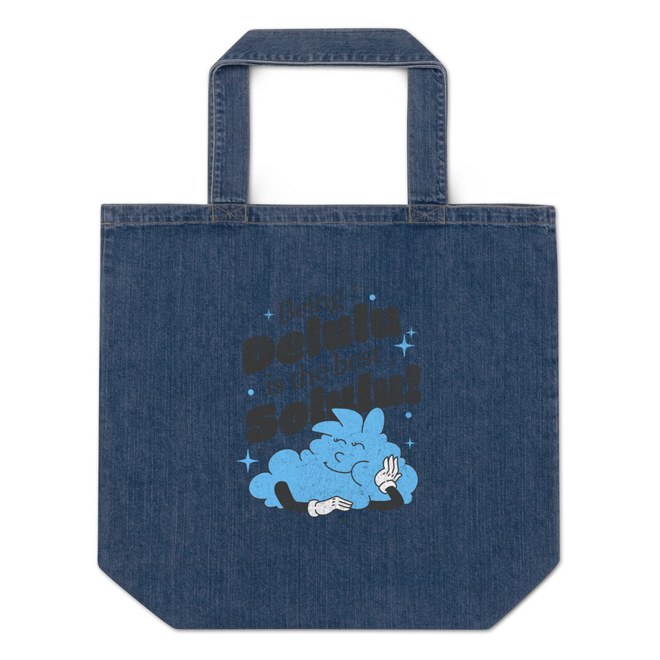 Delulu is the Solulu! - Typographic Cartoon Streetwear Organic Denim Tote Bag