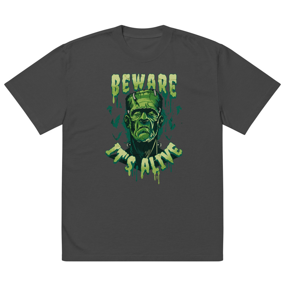 Beware of Frankenstein - Scary Halloween Oversized Faded T-Shirt
