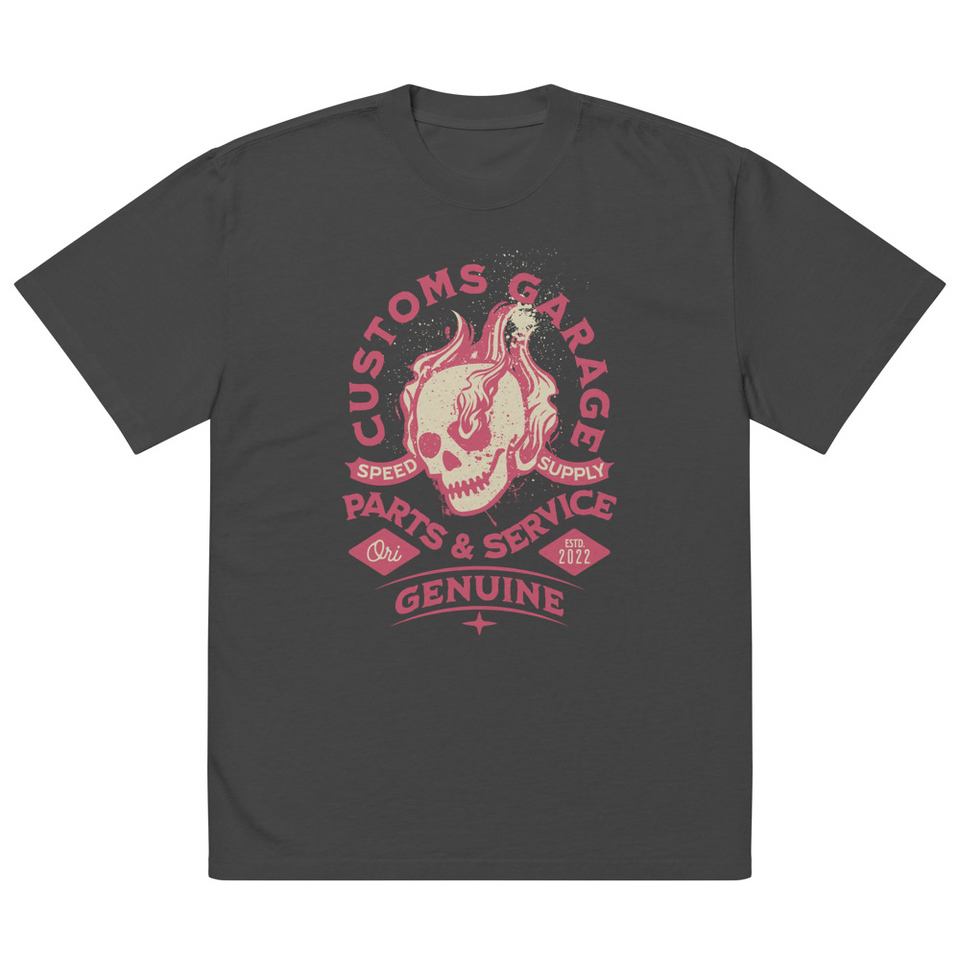 Customs Garage - Flaming Skull Oversized Faded T-Shirt