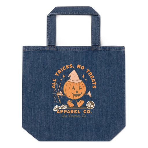 [ID: 528-G47] All Tricks No Treats - Pumpkin Mascot Organic Denim Tote Bag